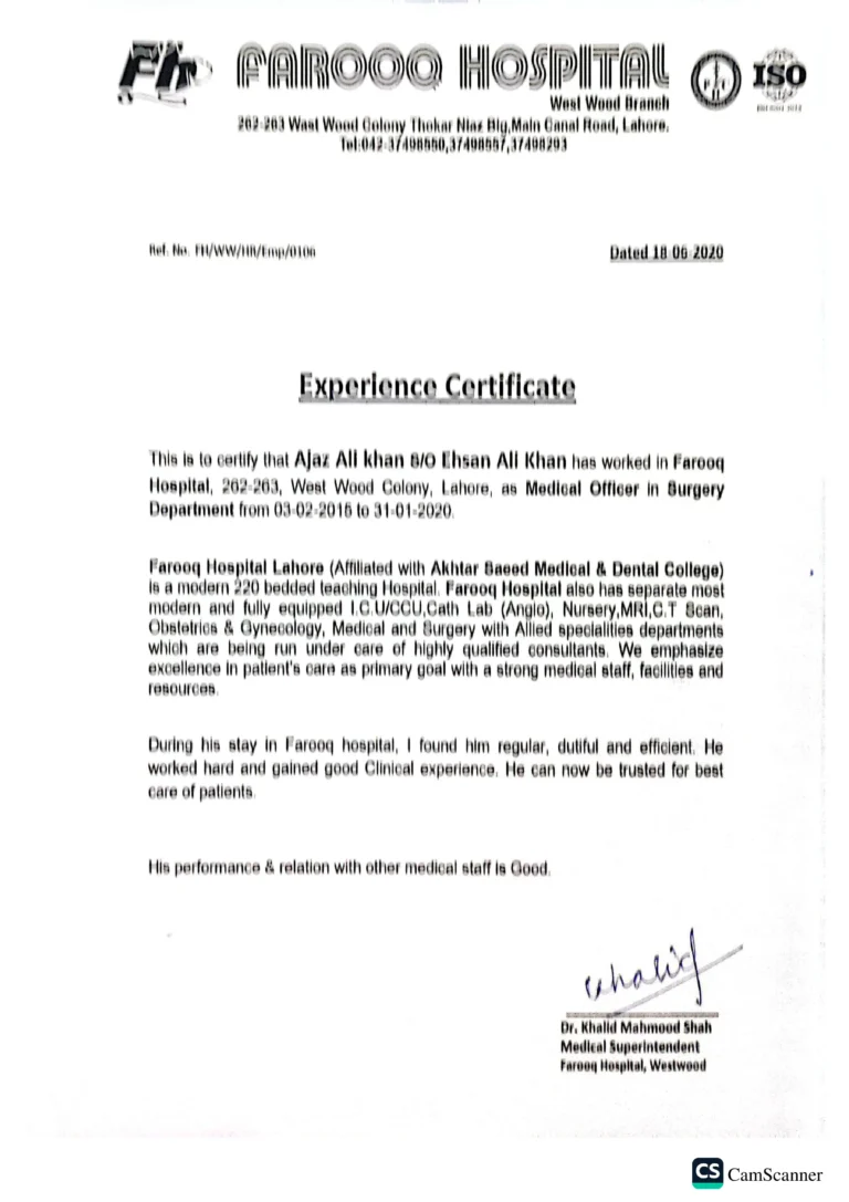Farooq Hospital Experience Certificate